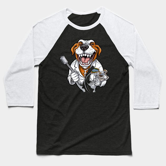 A cartoon-style illustration of an English bulldog wearing a white lab coat and holding a dental tool Baseball T-Shirt by teestore_24